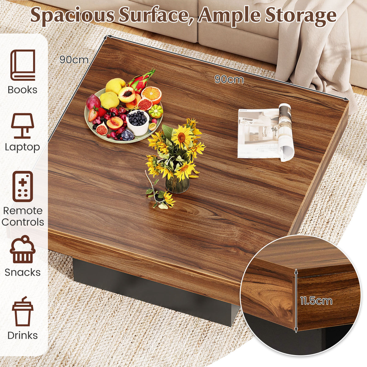 Coffee Table with LED Lights Square Center Table with Remote and 20 Static Colors-Coffee