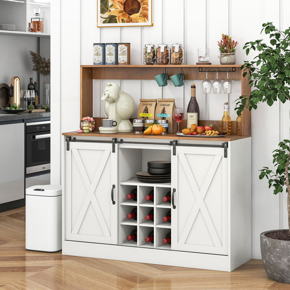 Coffee Bar Cabinet with Charging Station and Sliding Barn Doors-White and Walnut