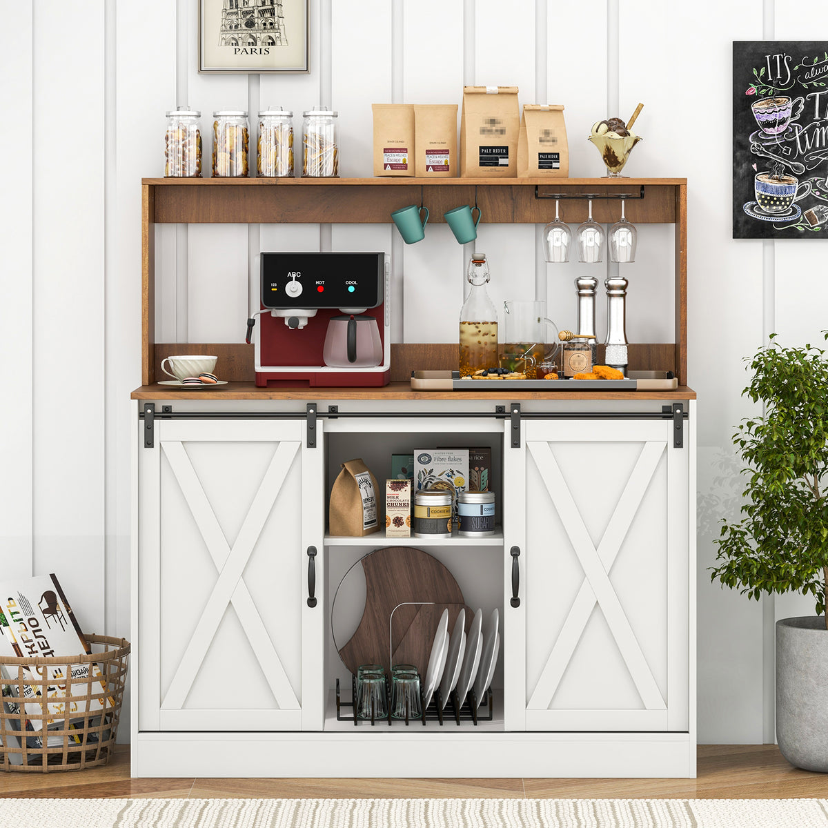 Coffee Bar Cabinet with Charging Station and Sliding Barn Doors-White and Walnut