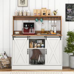 Coffee Bar Cabinet with Charging Station and Sliding Barn Doors-White and Walnut