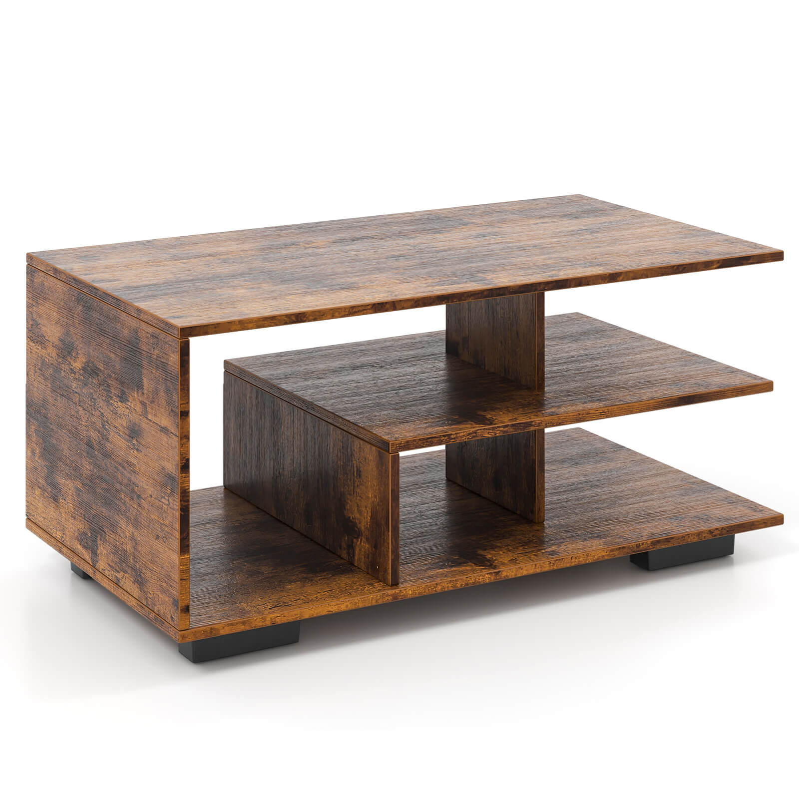 Coffee Table 3-Tier Rectangular Center with L-Shaped Middle Shelf-Rustic Brown