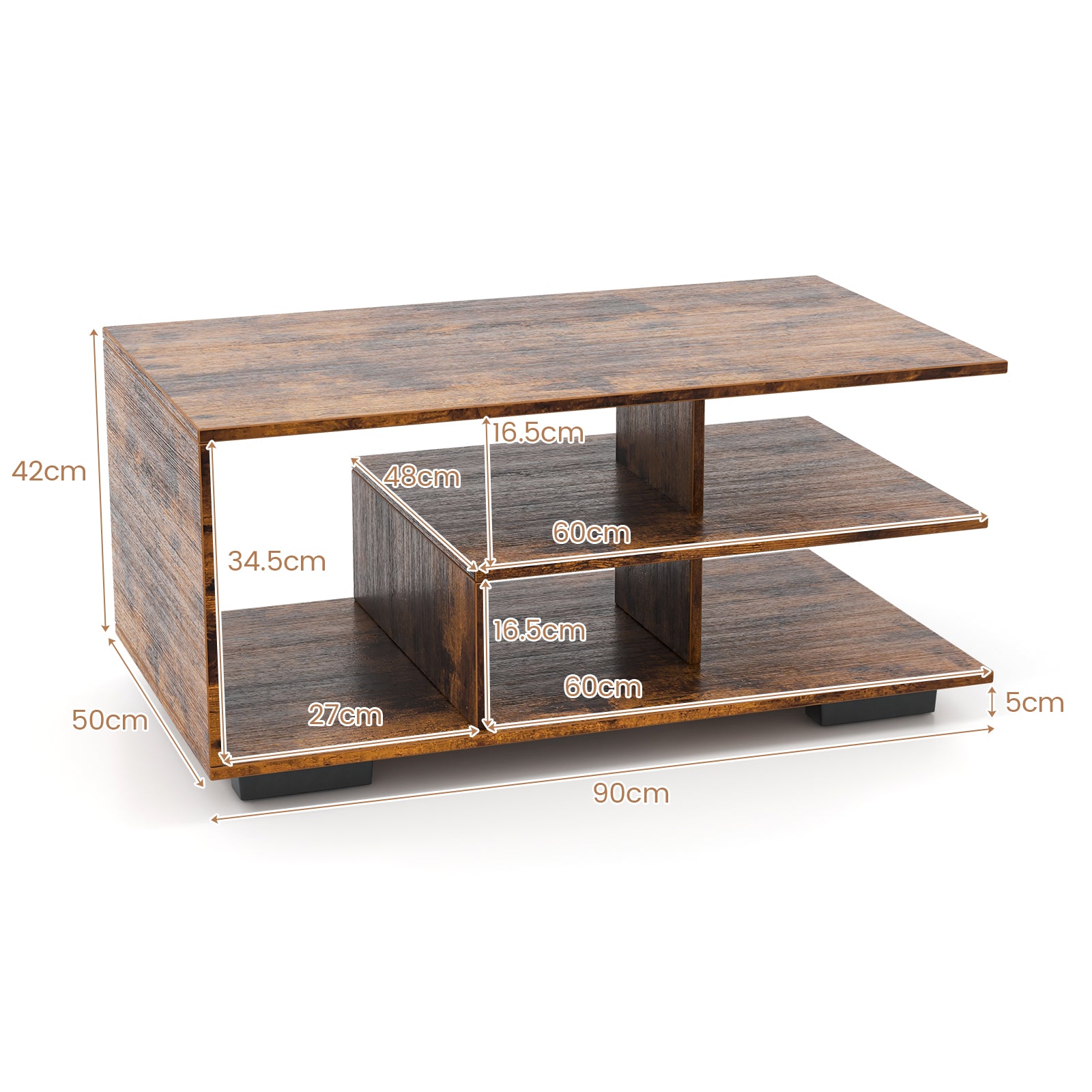 Coffee Table 3-Tier Rectangular Center with L-Shaped Middle Shelf-Rustic Brown