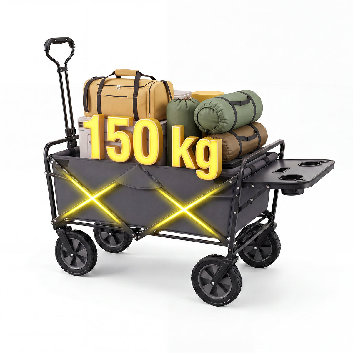 Collapsible Wagon Cart with Flexible Handle and Cup Holders-Grey