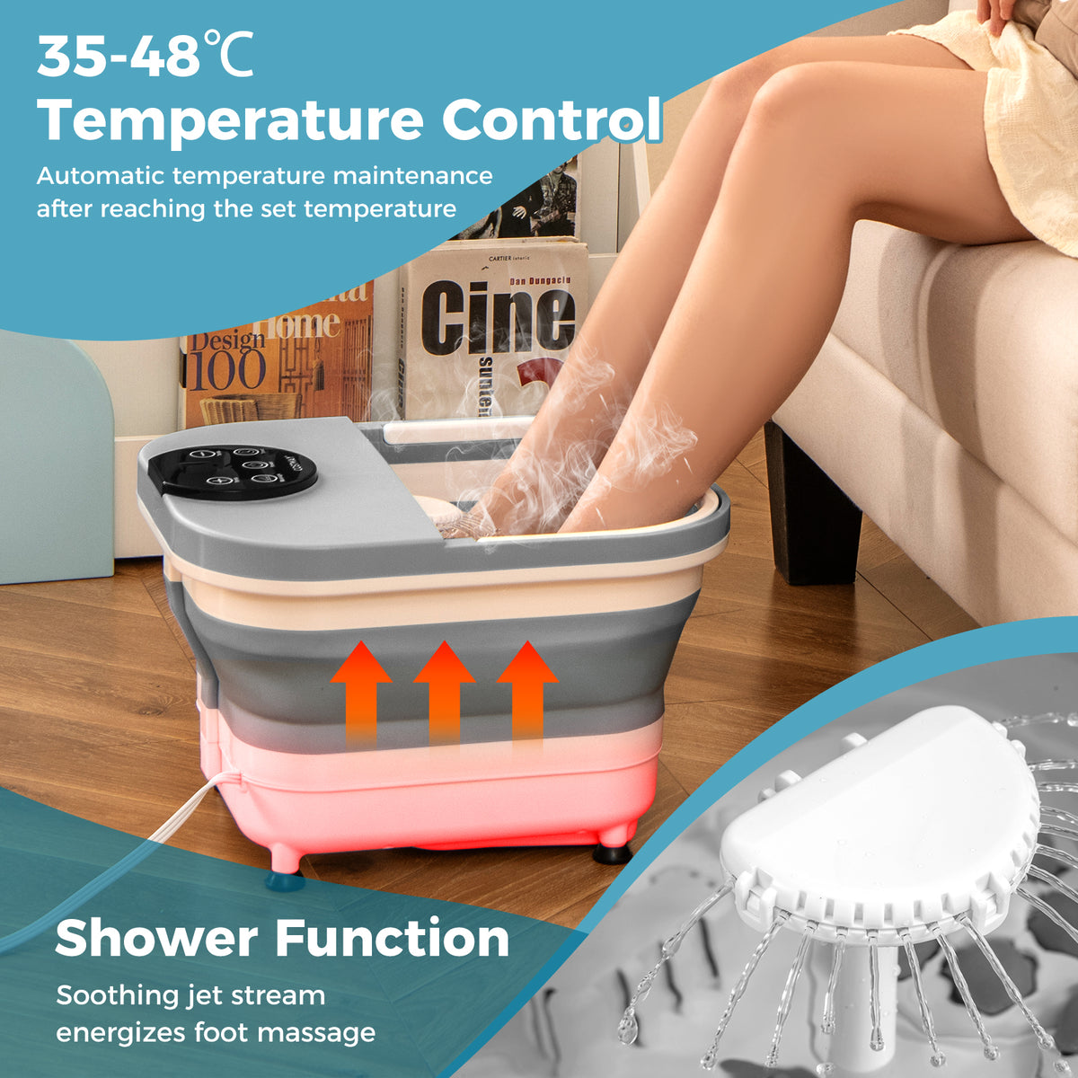 Collapsible Foot Spa Massager Bath Tub with Heat Shower and Timer-Grey