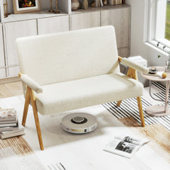 Comfy Upholstered Sherpa Couch with Armrests and Wooden Legs-Beige