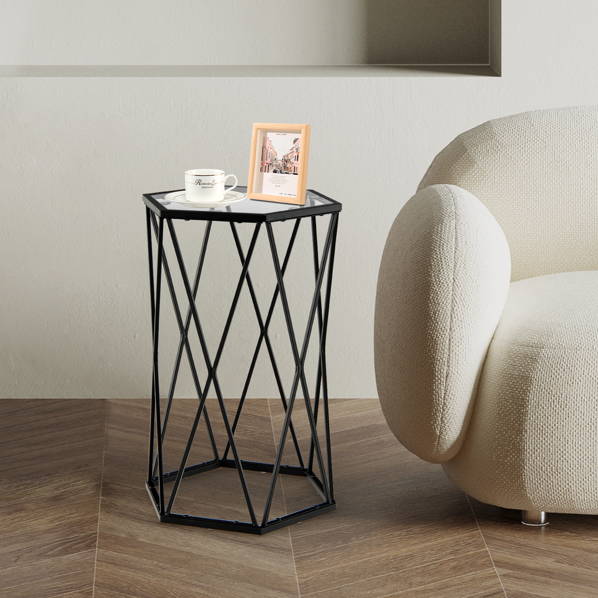 Compact Coffee Table with Tempered Glass Top and Metal Frame