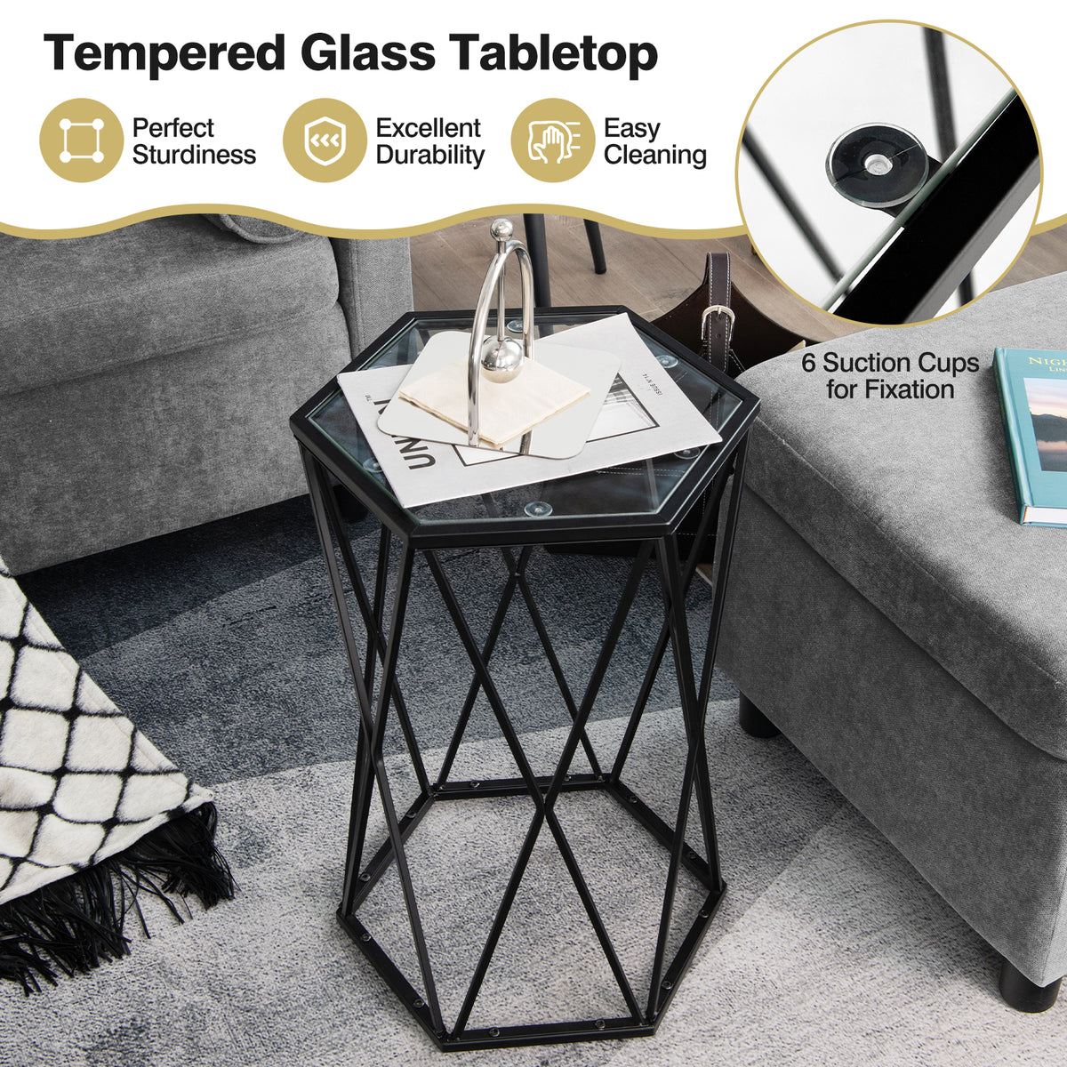 Compact Coffee Table with Tempered Glass Top and Metal Frame
