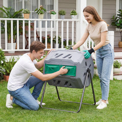 Compost Bin 160L Dual Chamber Composting Tumbler with Sliding Doors-Grey