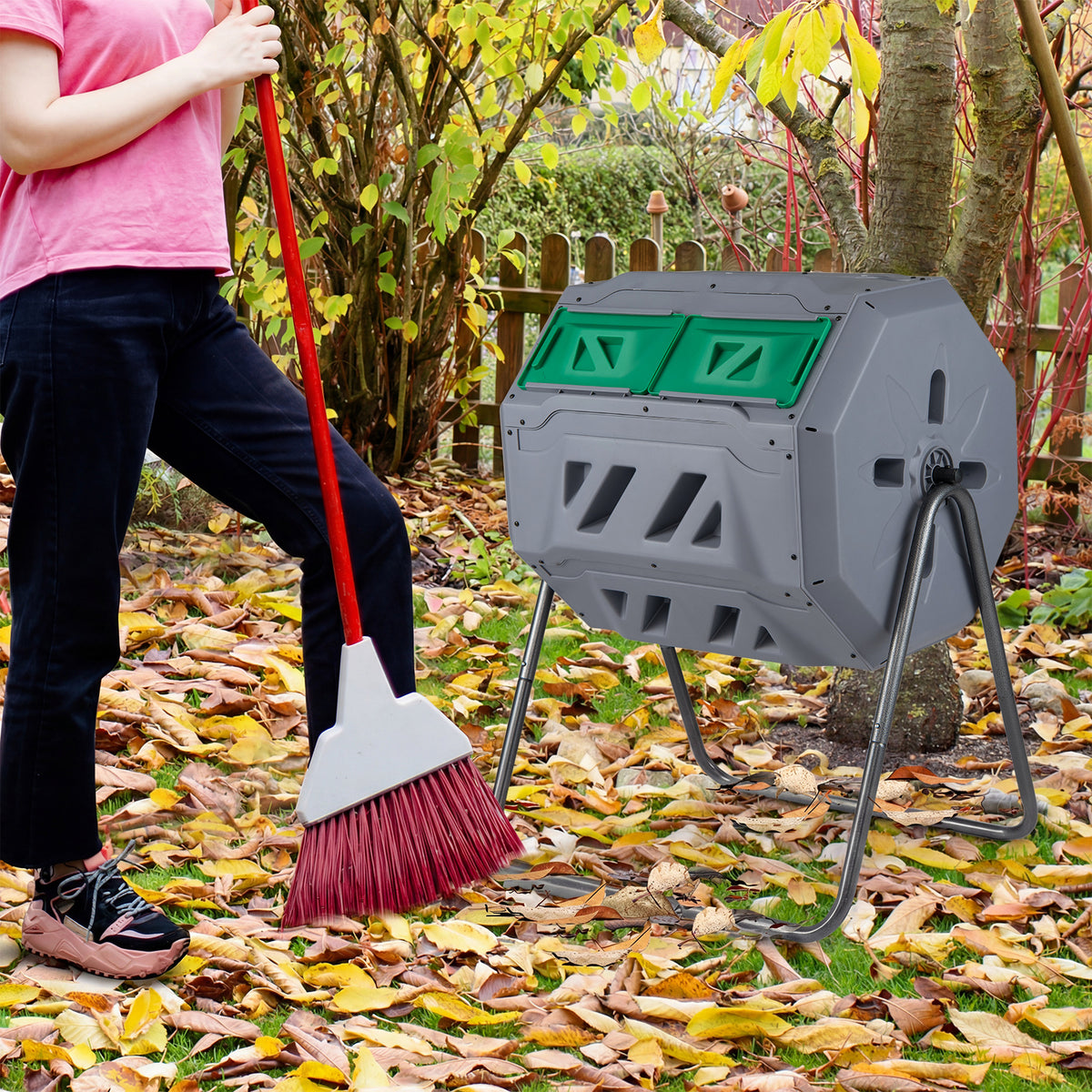 Compost Bin 160L Dual Chamber Composting Tumbler with Sliding Doors-Grey