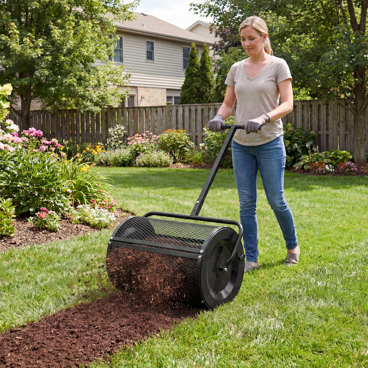 Compost Spreader 61cm Peat Moss Spreader Roller with Height-adjustable T-shape Handle-Black