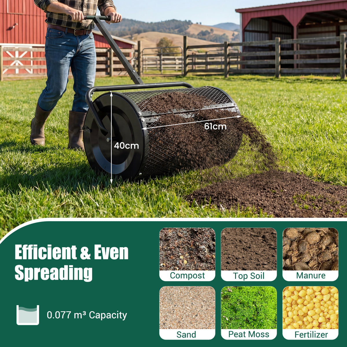 Compost Spreader 61cm Peat Moss Spreader Roller with Height-adjustable T-shape Handle-Black