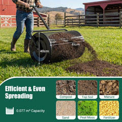 Compost Spreader 61cm Peat Moss Spreader Roller with Height-adjustable T-shape Handle-Black