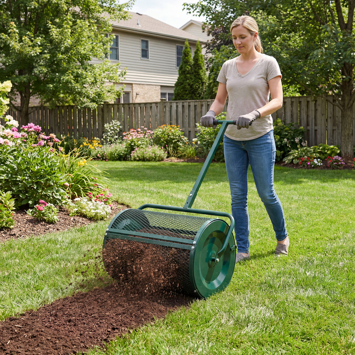 Compost Spreader 61cm Peat Moss Spreader Roller with Height-adjustable T-shape Handle-Green