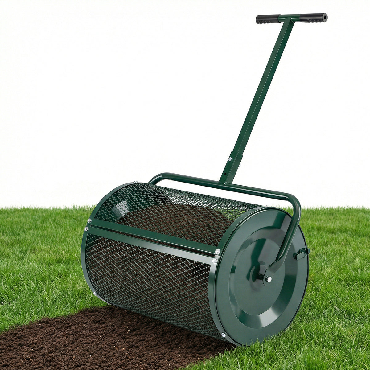 Compost Spreader 61cm Peat Moss Spreader Roller with Height-adjustable T-shape Handle-Green