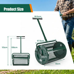 Compost Spreader 61cm Peat Moss Spreader Roller with Height-adjustable T-shape Handle-Green