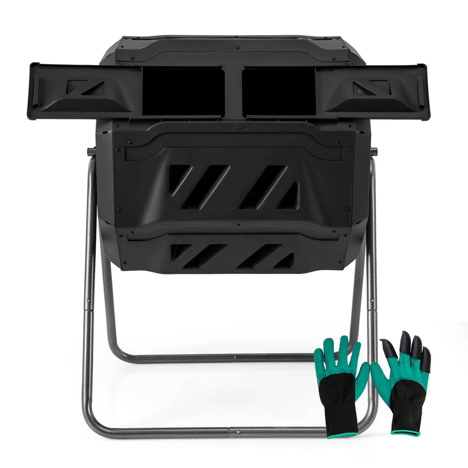 Compost Bin 160L Dual Chamber Composting Tumbler with Sliding Doors-Black