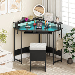 Computer Corner Desk with LED Charging Station and Monitor Stand-Black