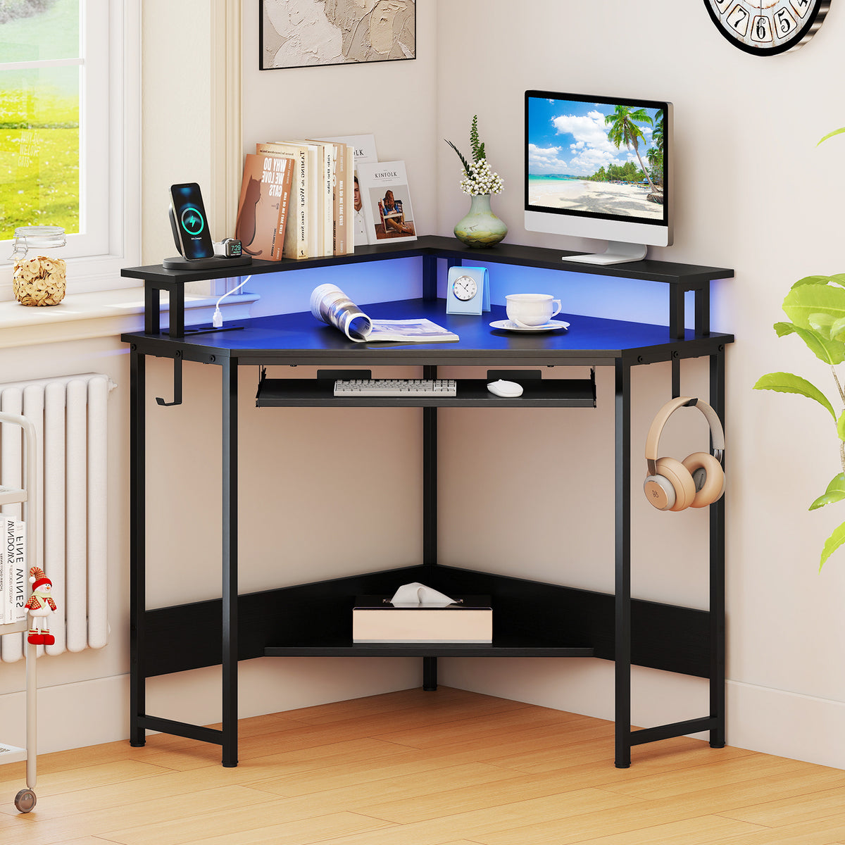 Computer Corner Desk with LED Charging Station and Monitor Stand-Black