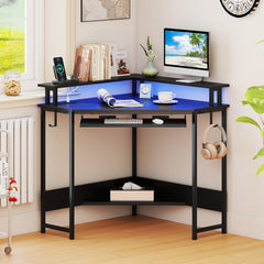 Computer Corner Desk with LED Charging Station and Monitor Stand-Black