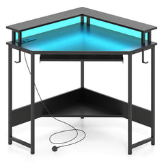 Computer Corner Desk with LED Charging Station and Monitor Stand-Black