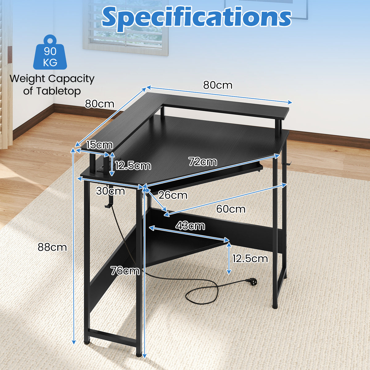 Computer Corner Desk with LED Charging Station and Monitor Stand-Black