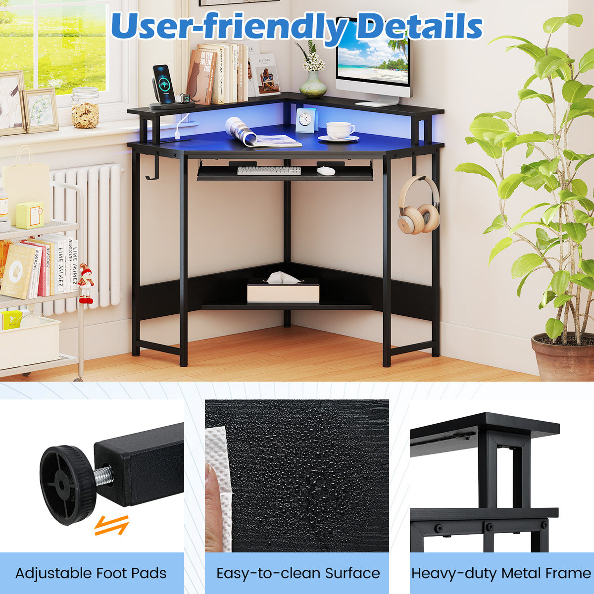 Computer Corner Desk with LED Charging Station and Monitor Stand-Black