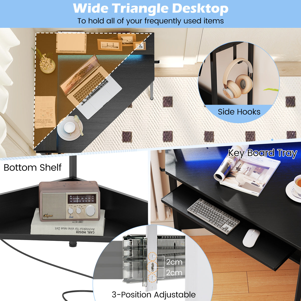 Computer Corner Desk with LED Charging Station and Monitor Stand-Black