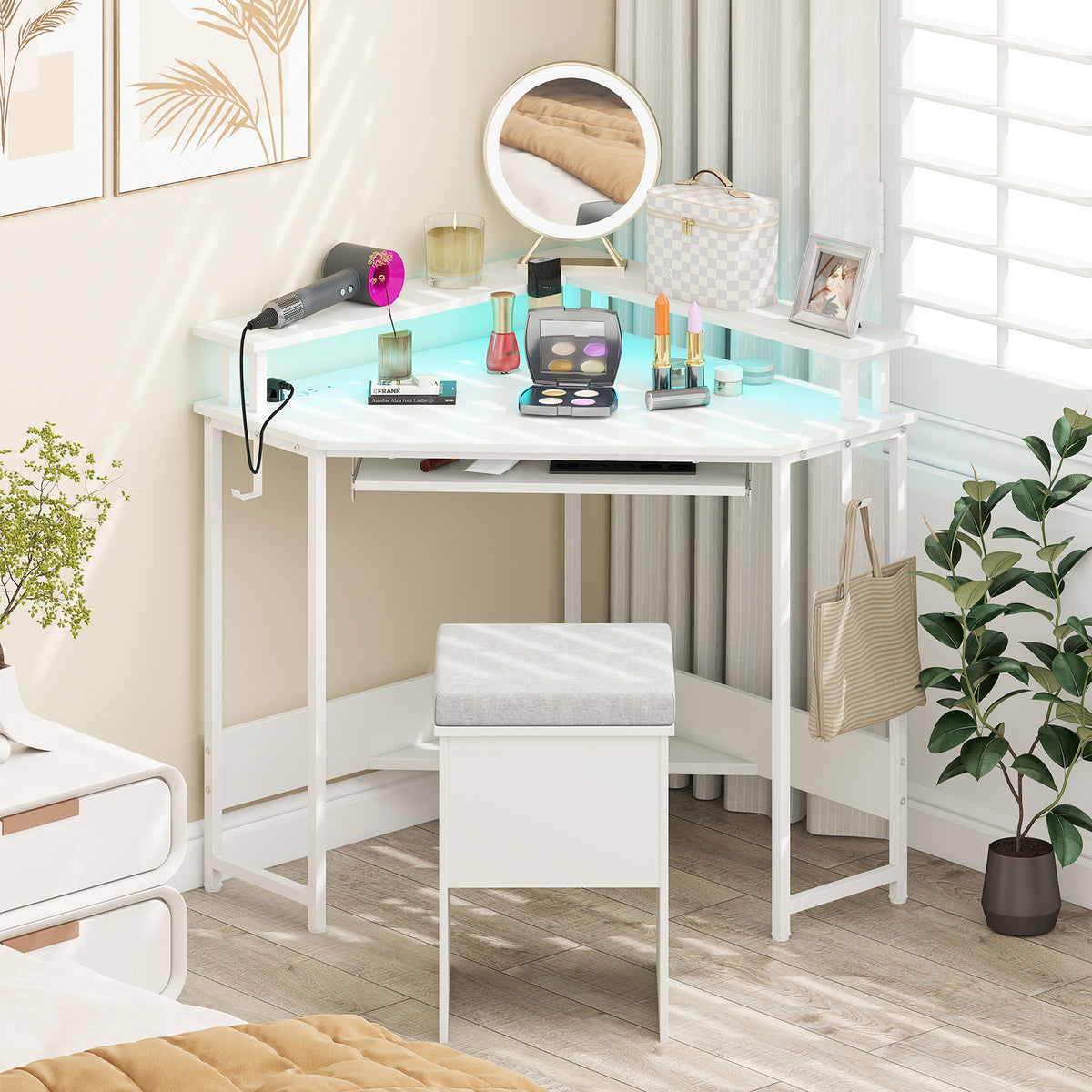 Computer Corner Desk with LED Charging Station and Monitor Stand-White