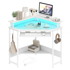 Computer Corner Desk with LED Charging Station and Monitor Stand-White