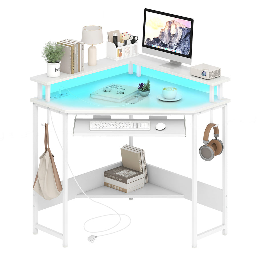 Computer Corner Desk with LED Charging Station and Monitor Stand-White