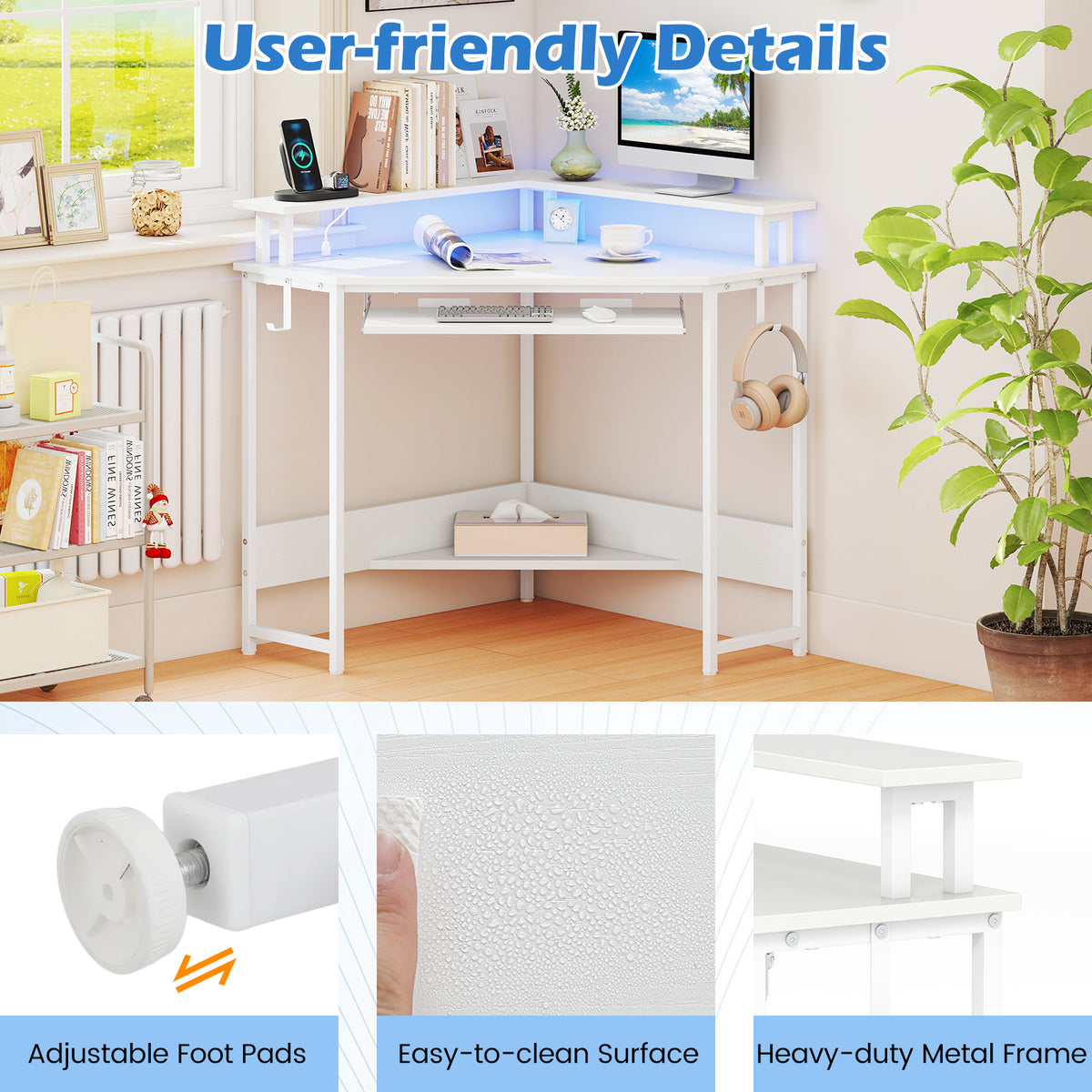 Computer Corner Desk with LED Charging Station and Monitor Stand-White