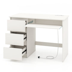 White computer desk with three drawers and a keyboard tray, with the top two drawers pulled open to show the interior