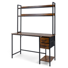 Computer Desk with Hutch Reversible Executive Desk with Fabric Drawers and Metal Frame-Rustic Brown