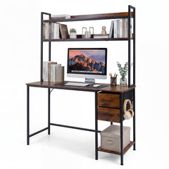 Computer Desk with Hutch Reversible Executive Desk with Fabric Drawers and Metal Frame-Rustic Brown