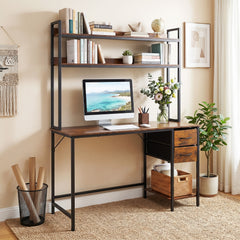 Computer Desk with Hutch Reversible Executive Desk with Fabric Drawers and Metal Frame-Rustic Brown
