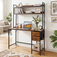 Computer Desk with Hutch Reversible Executive Desk with Fabric Drawers and Metal Frame-Rustic Brown