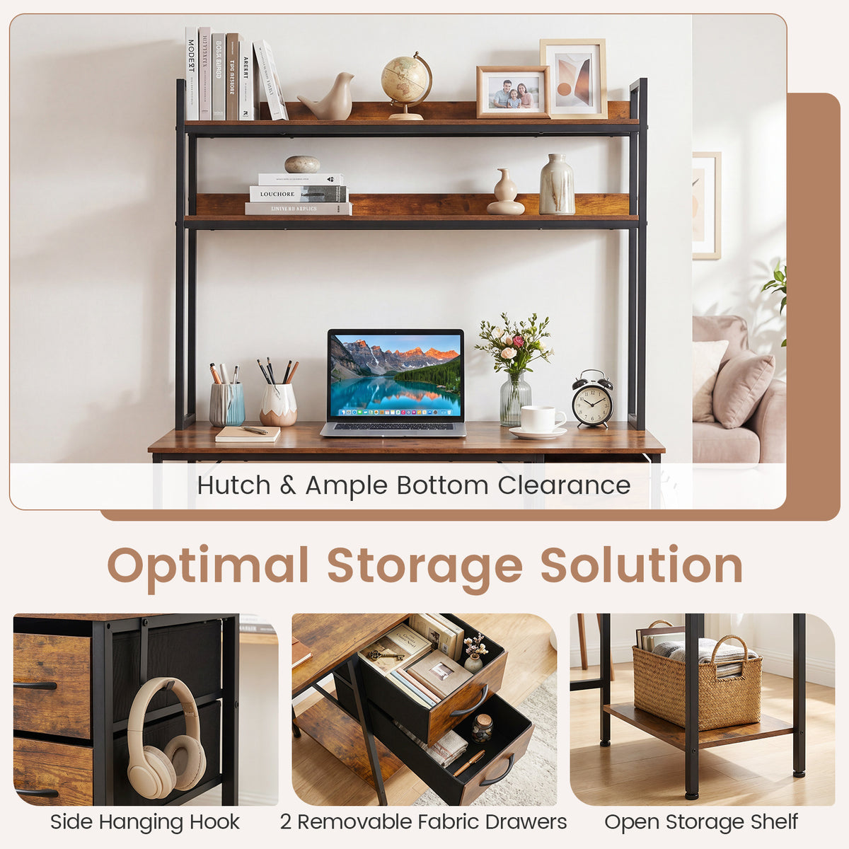 Computer Desk with Hutch Reversible Executive Desk with Fabric Drawers and Metal Frame-Rustic Brown