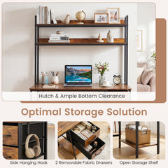 Computer Desk with Hutch Reversible Executive Desk with Fabric Drawers and Metal Frame-Rustic Brown