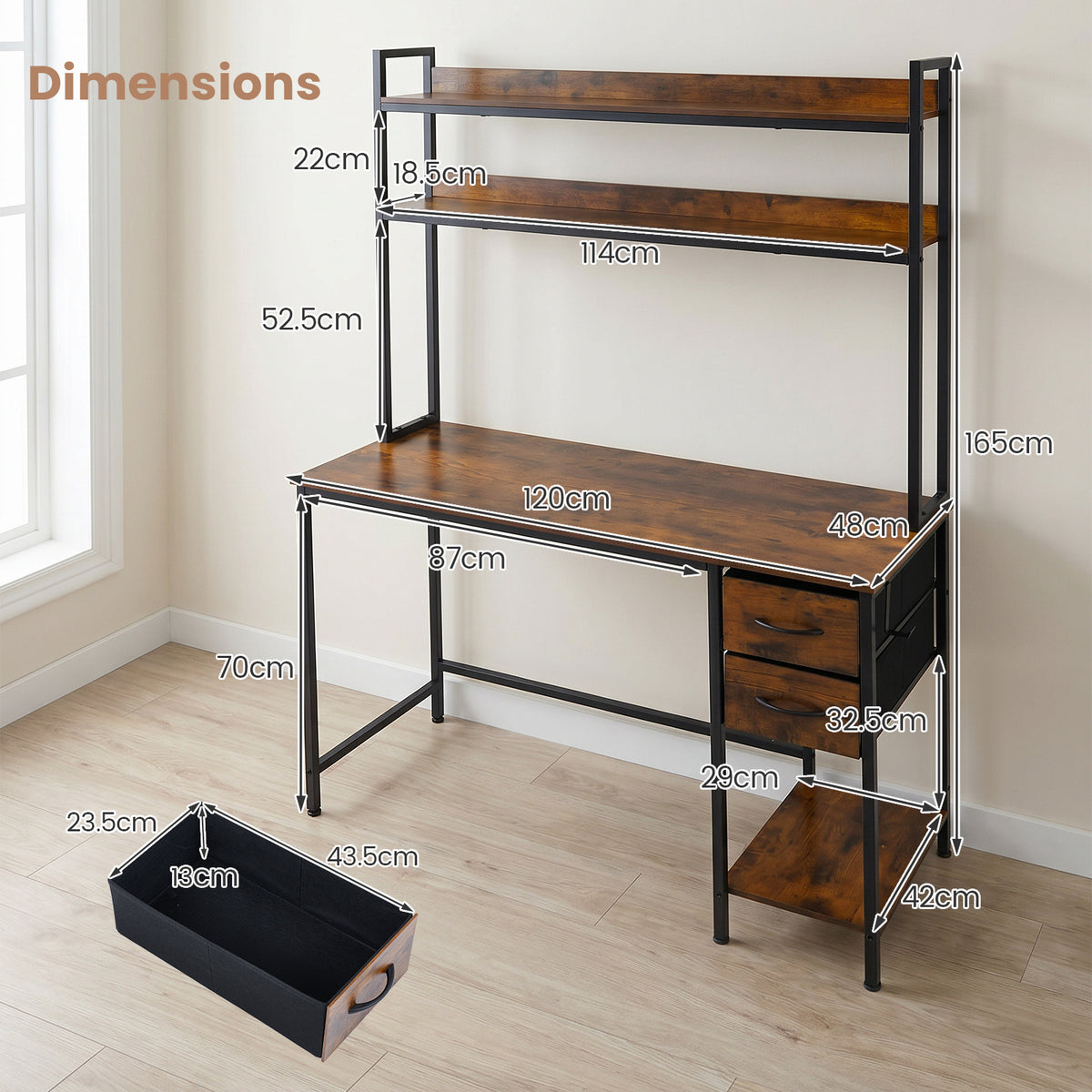 Computer Desk with Hutch Reversible Executive Desk with Fabric Drawers and Metal Frame-Rustic Brown