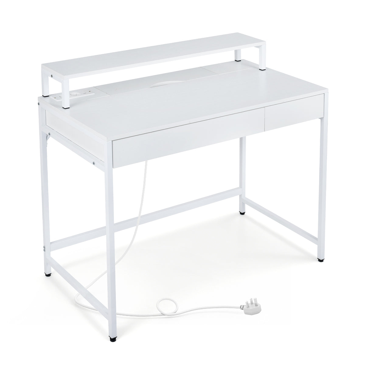 Computer Desk with Power Outlets Compact Office Desk with Removable Monitor Stand-White