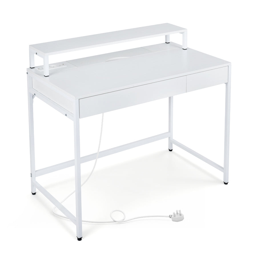 Computer Desk with Power Outlets Compact Office Desk with Removable Monitor Stand-White