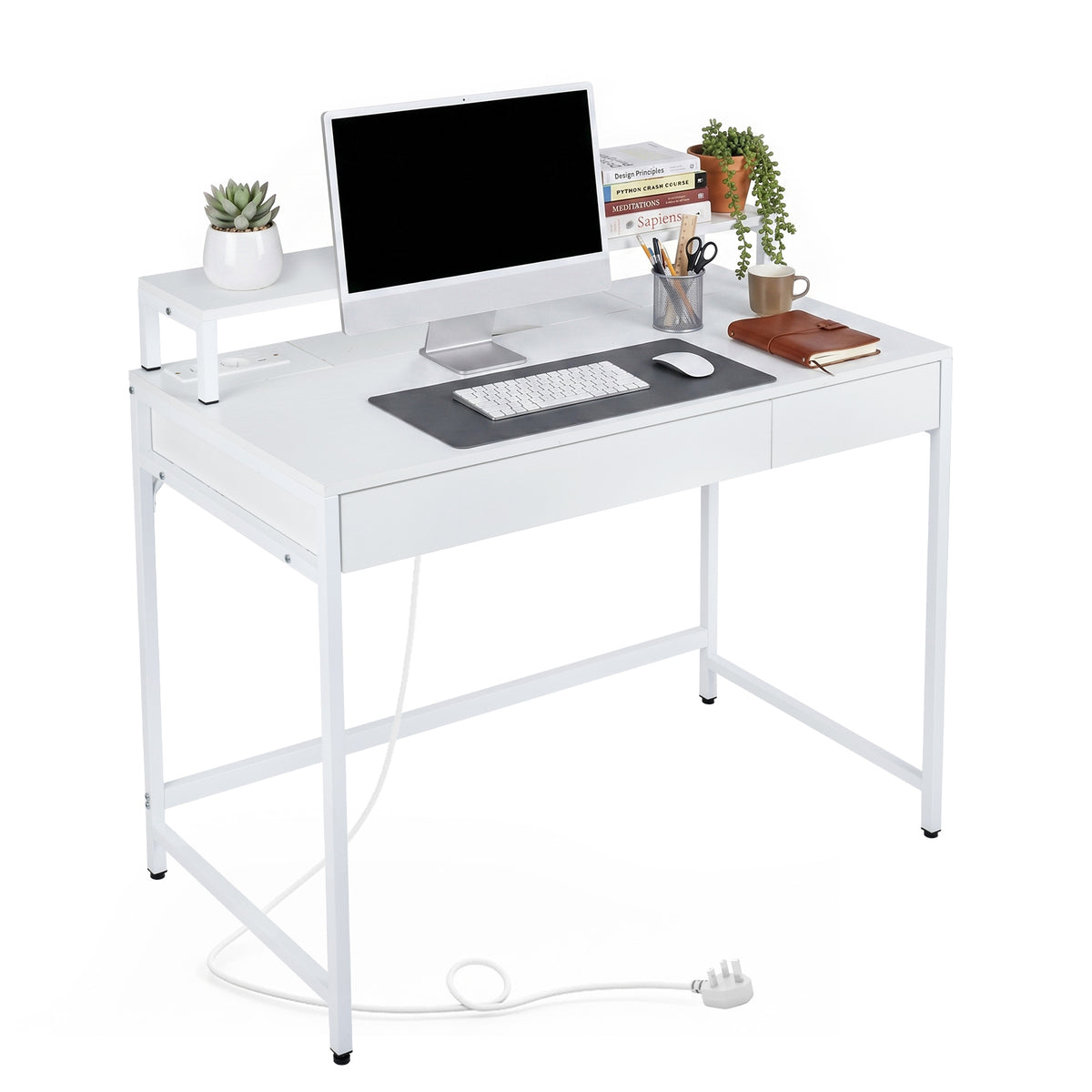 Computer Desk with Power Outlets Compact Office Desk with Removable Monitor Stand-White