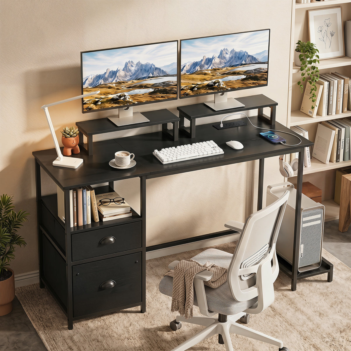 Computer Desk with Power Outlets with 2 Monitor Shelves and CPU Stand-Black