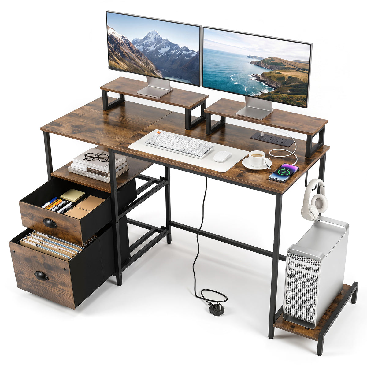Computer Desk with Power Outlets with 2 Monitor Shelves and CPU Stand-RusticBrown