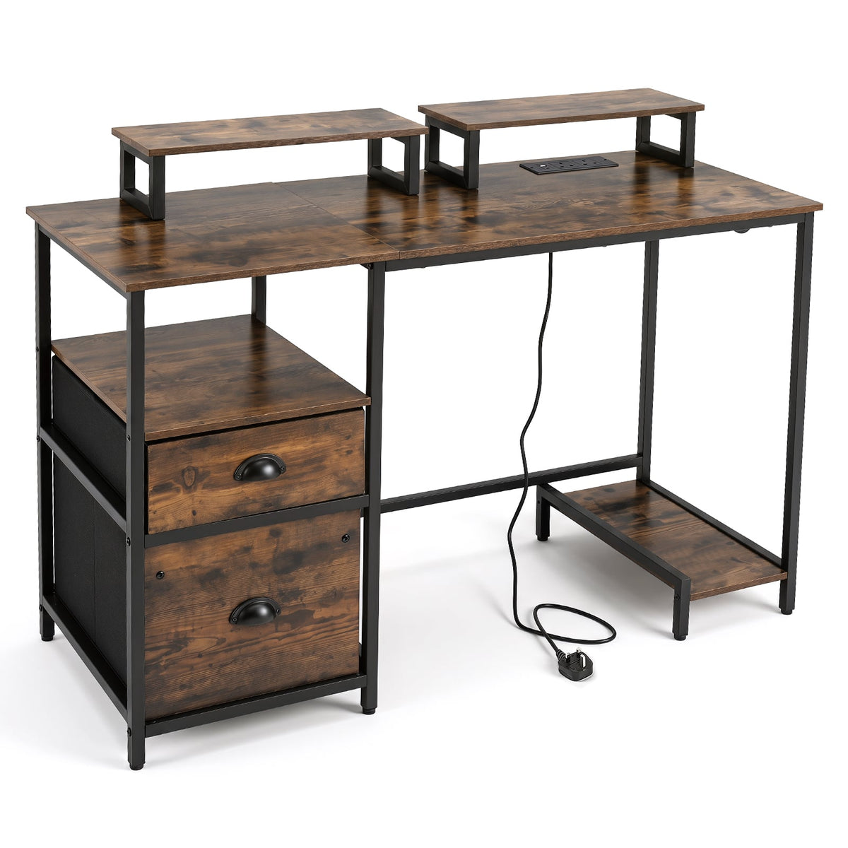 Computer Desk with Power Outlets with 2 Monitor Shelves and CPU Stand-RusticBrown