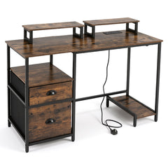Computer Desk with Power Outlets with 2 Monitor Shelves and CPU Stand-RusticBrown