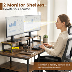 Computer Desk with Power Outlets with 2 Monitor Shelves and CPU Stand-RusticBrown