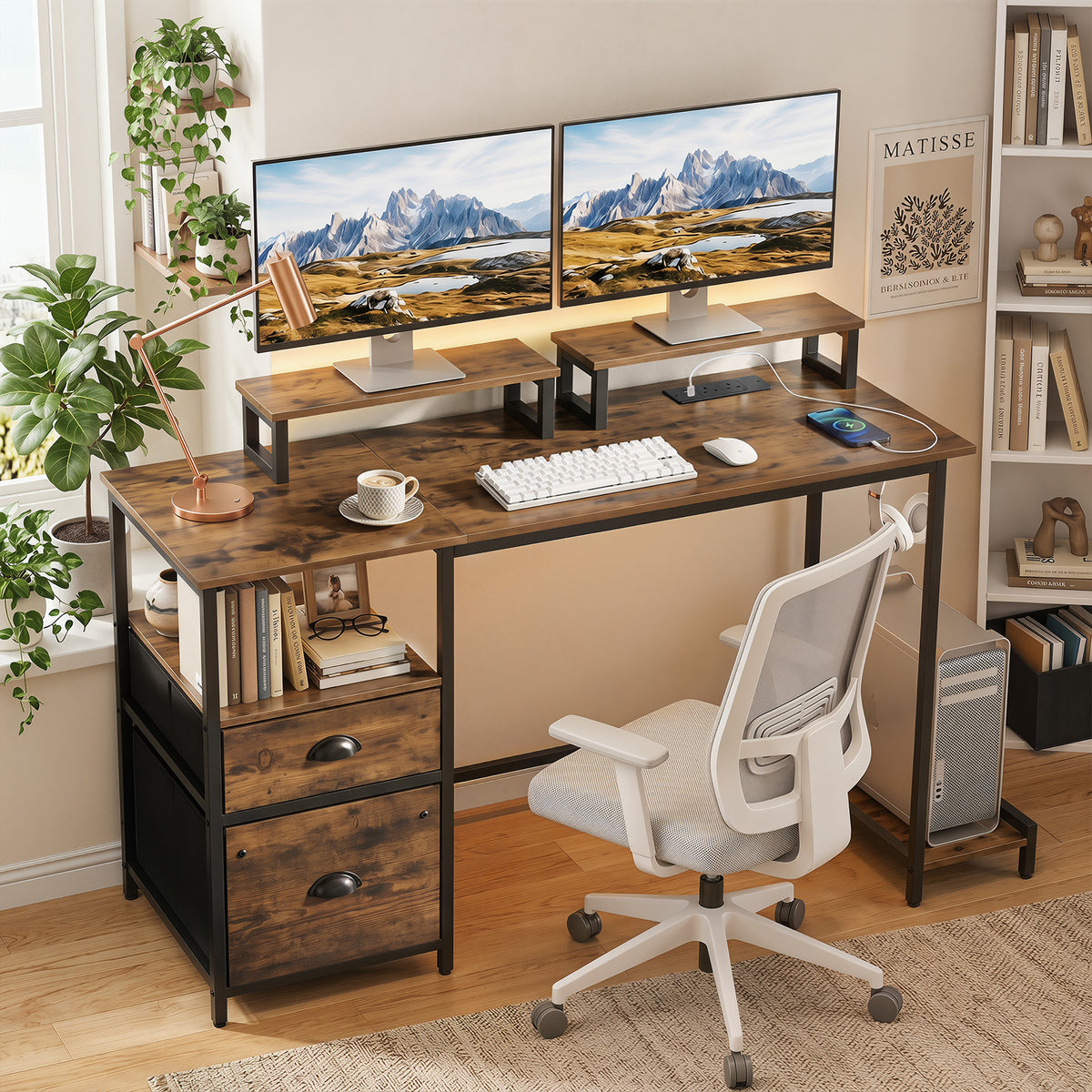 Computer Desk with Power Outlets with 2 Monitor Shelves and CPU Stand-RusticBrown