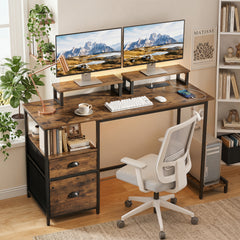 Computer Desk with Power Outlets with 2 Monitor Shelves and CPU Stand-RusticBrown