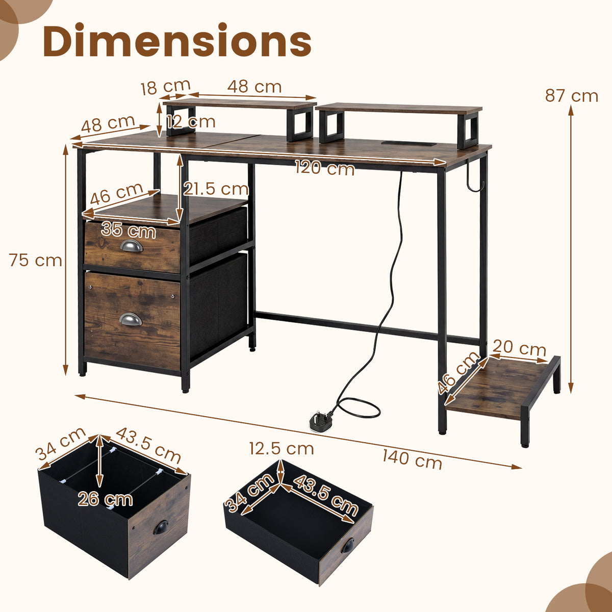 Computer Desk with Power Outlets with 2 Monitor Shelves and CPU Stand-RusticBrown